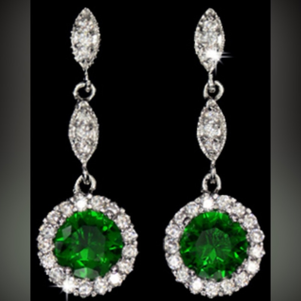 Ladies Pave Round EMERALD green Cz Diamond Halo Drop Dangle statement Earrings